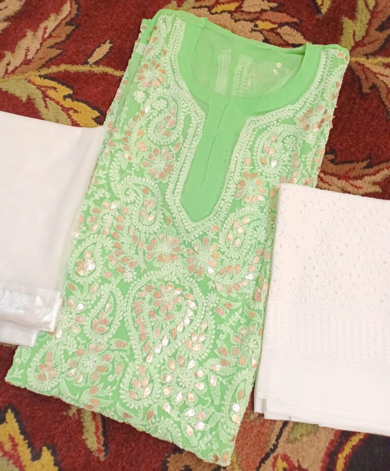 Green Lucknowi Chikan Dress - Image 2