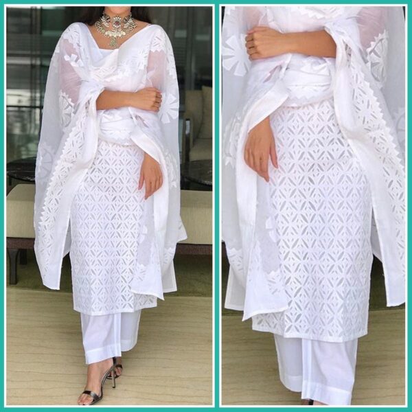 Classy White Applique Cutwork Dress