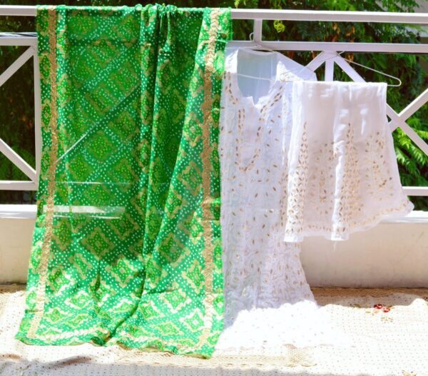 White/Green Lucknowi Chikan Dress