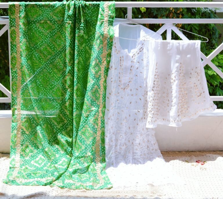 White/Green Lucknowi Chikan Dress