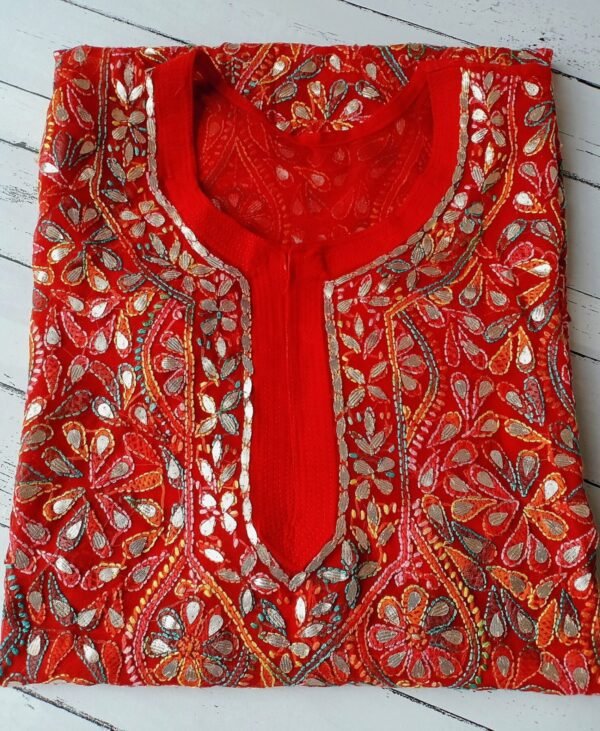 Tomato Red Lucknowi Chikan Dress