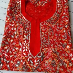 Tomato Red Lucknowi Chikan Dress