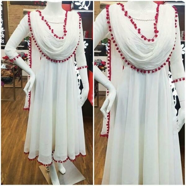 White Pom Pom Anarkali Dress