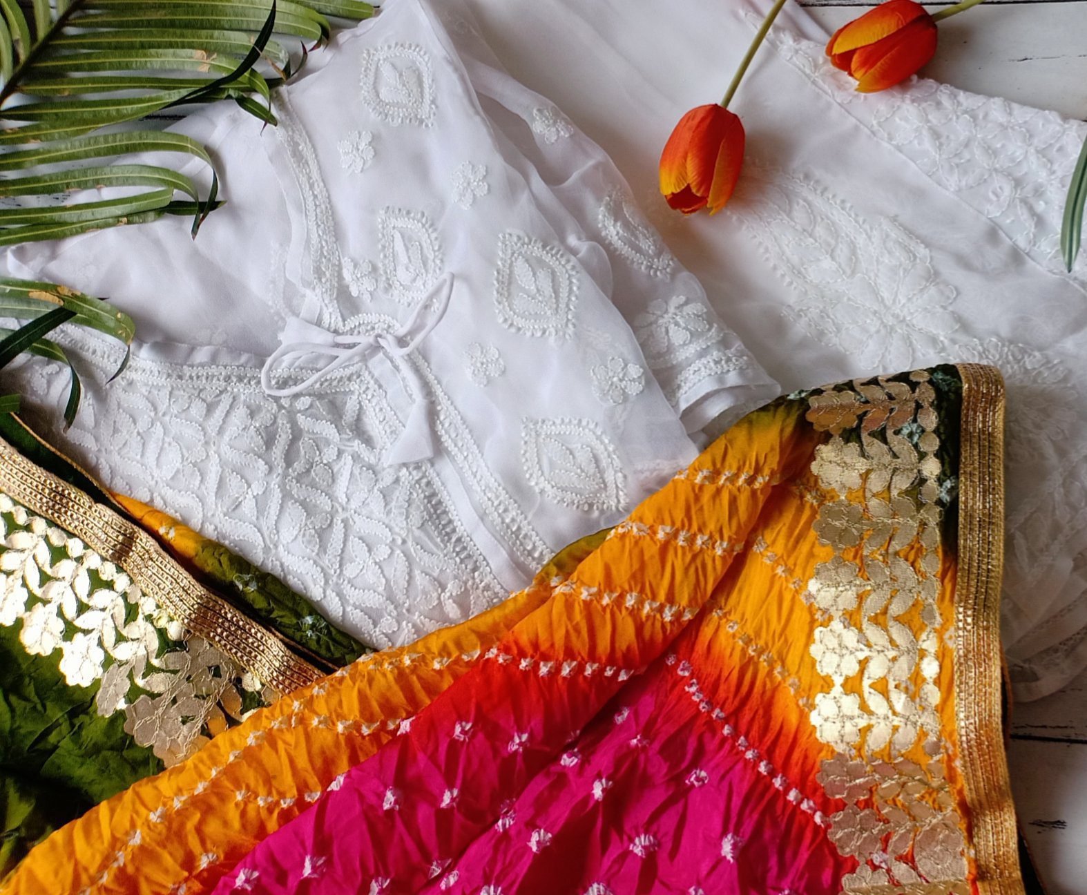 White Multi Bhandej Chikankari Outfit