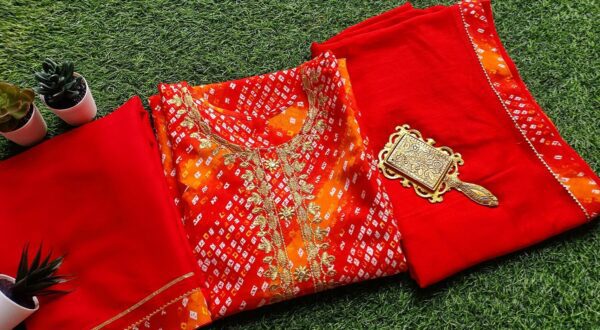 Dazzling Orange Red Bandhini Outfit