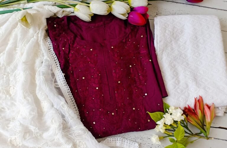 Flawless Wine Color Mukaish Chikankari Outfit