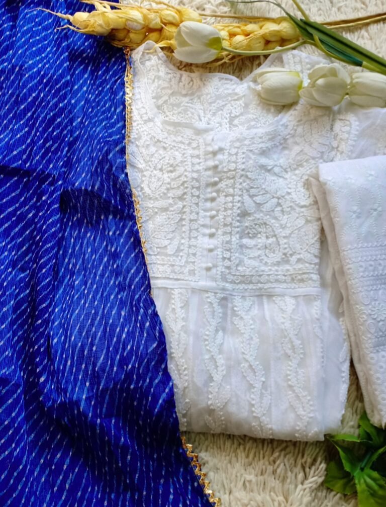 Dazzling White Blue Leheria Chikankari Outfit