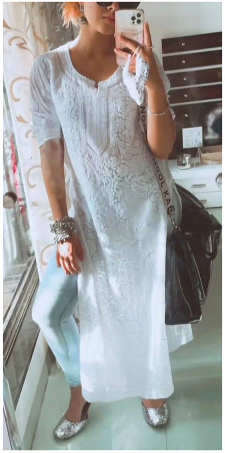 Summer Cool White Chikankari Kurta With Blue Denim Pants