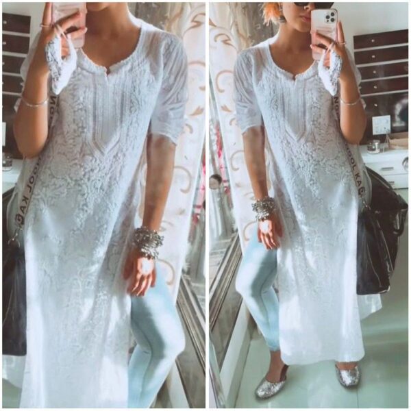 Summer Cool White Chikankari Kurta With Blue Denim Pants