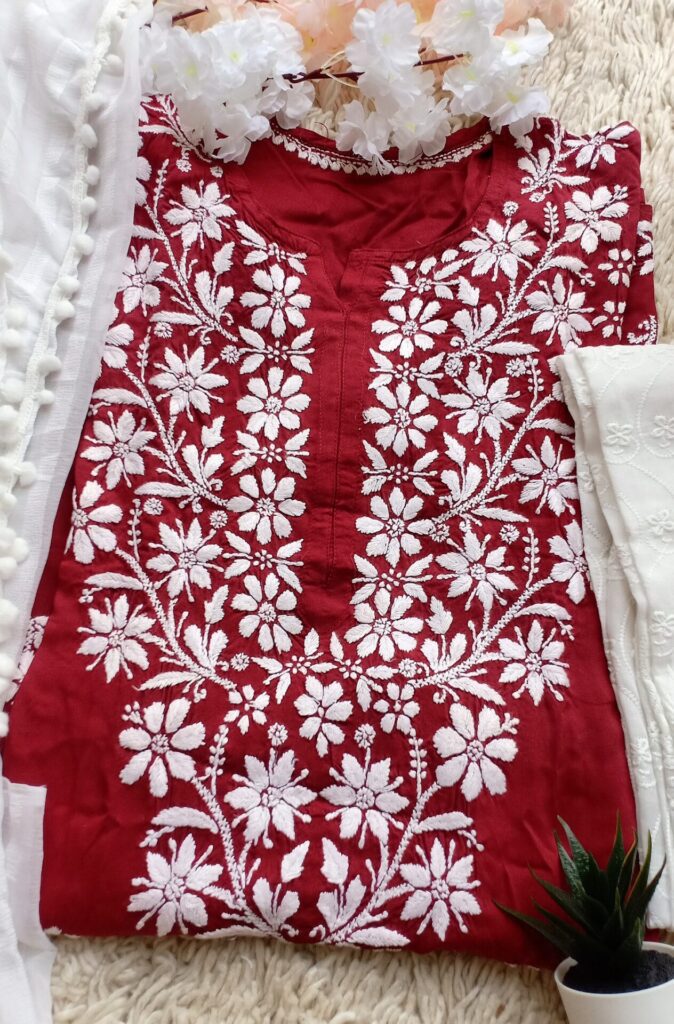 Eye Catching Maroon Modal Cotton Chikankari Outfit