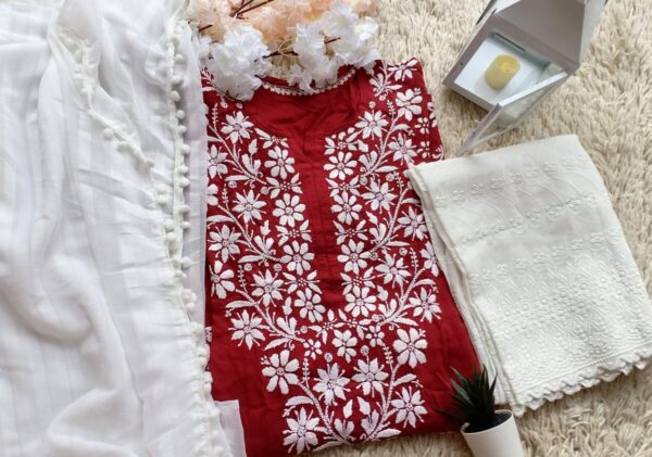 Eye Catching Maroon Modal Cotton Chikankari Outfit