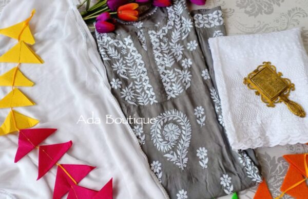 Easy Breezy Grey Modal Cotton Chikankari Anarkali Outfit