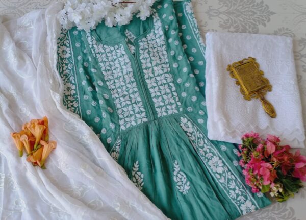 Seductive Pastel Green Modal Cotton Chikankari Anarkali Outfit