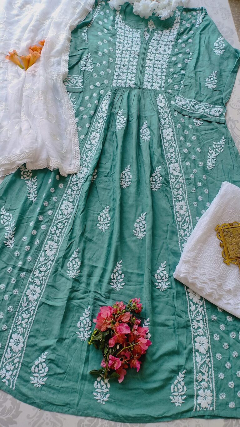 Seductive Pastel Green Modal Cotton Chikankari Anarkali Outfit