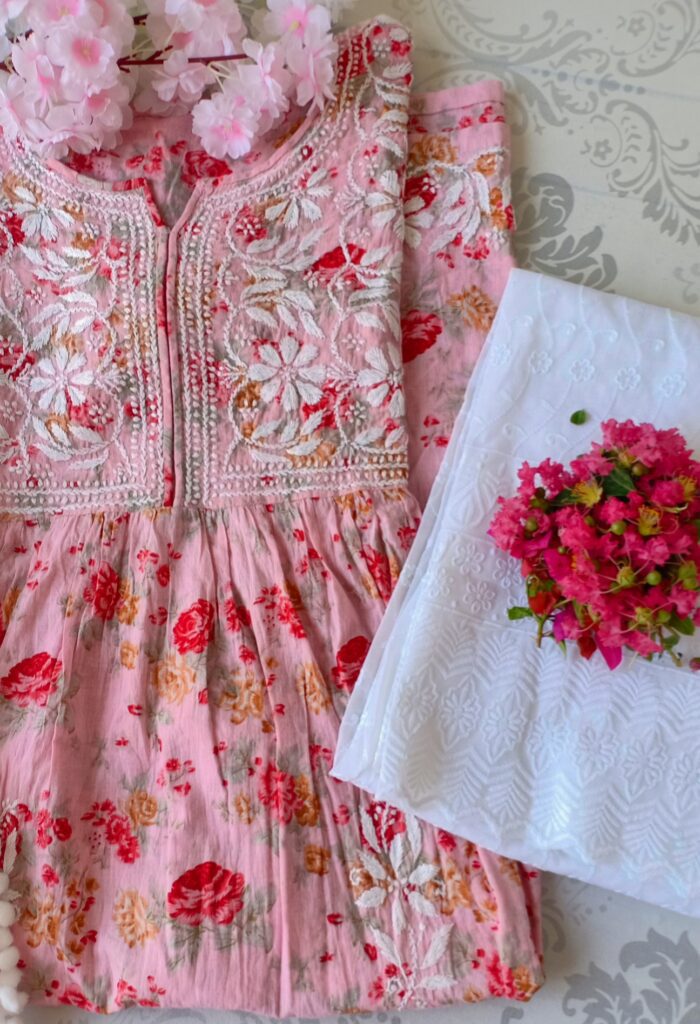 Gorgeous Pink Summer Floral Chikankari Anarkali Outfit