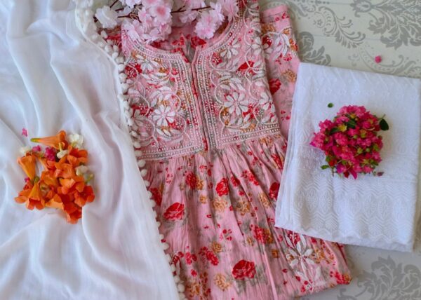 Gorgeous Pink Summer Floral Chikankari Anarkali Outfit