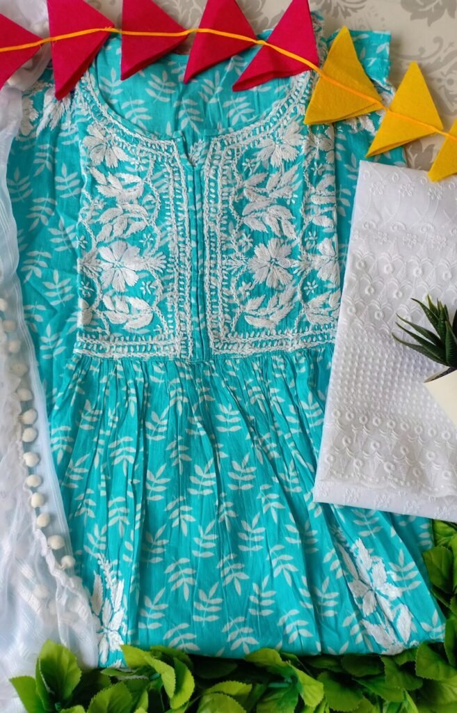 Delightful Block Print Blue Chikankari Anarkali Outfit