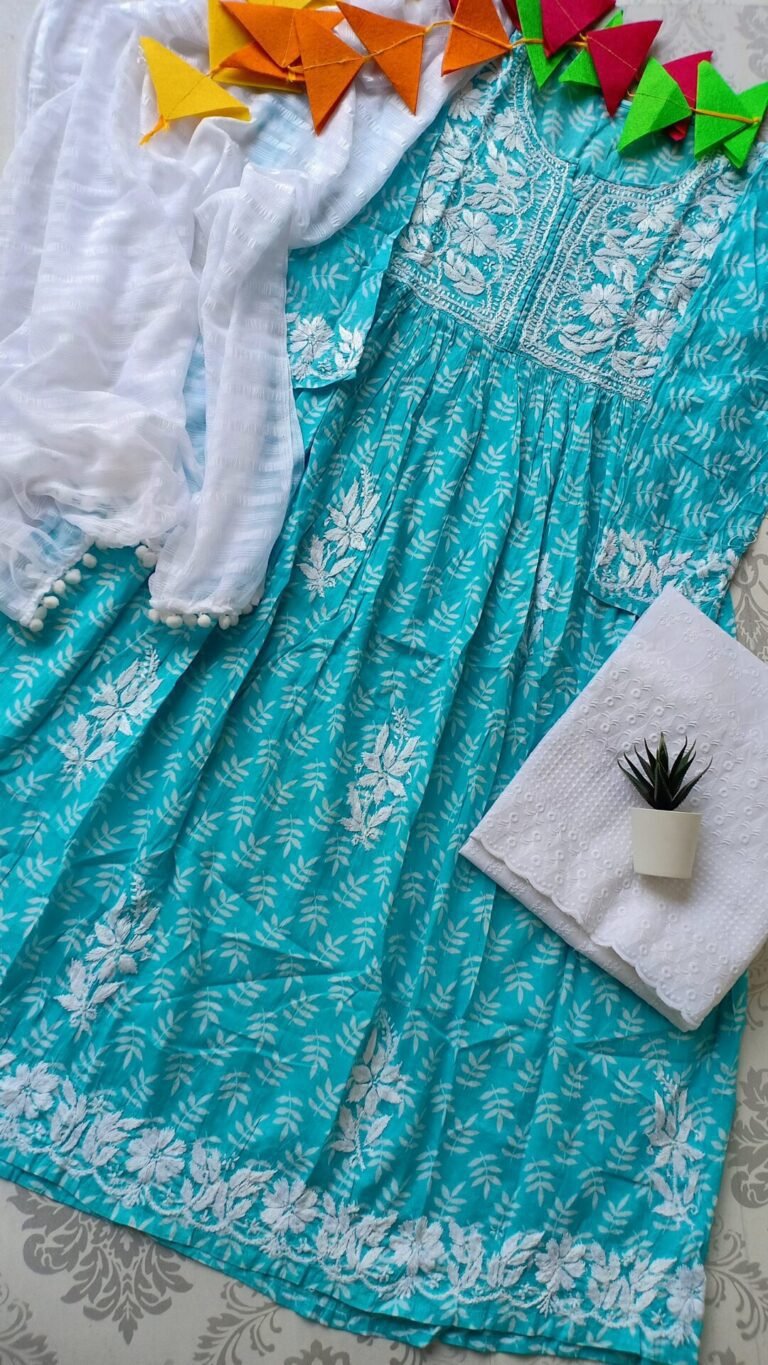 Delightful Block Print Blue Chikankari Anarkali Outfit