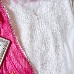 Fabulous White Pink Leheria Chikankari Outfit