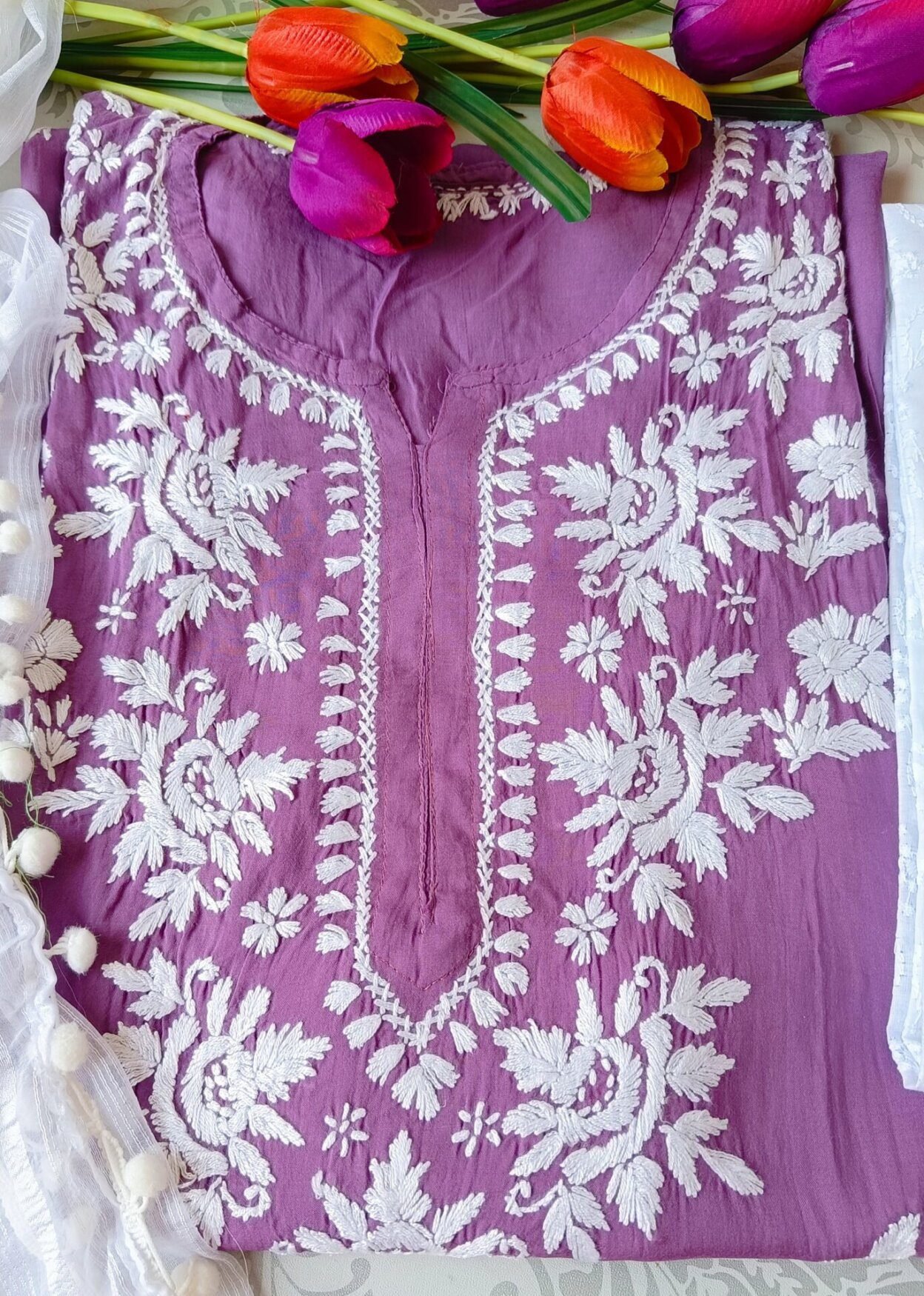 Spectacular Pastel Onion Purple Chikankari Outfit