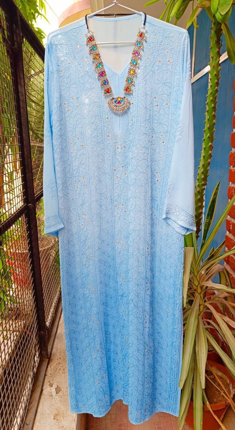 Remarkable Shaded Powder Blue Pure Viscose Georgette Chikankari Outfit