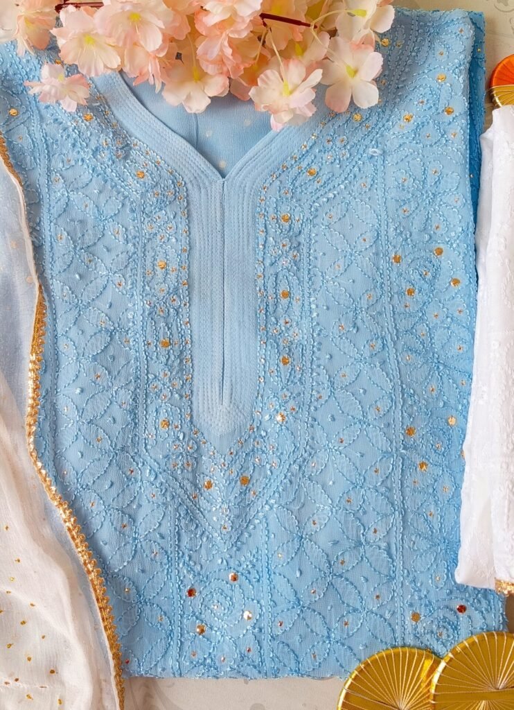 Remarkable Shaded Powder Blue Pure Viscose Georgette Chikankari Outfit