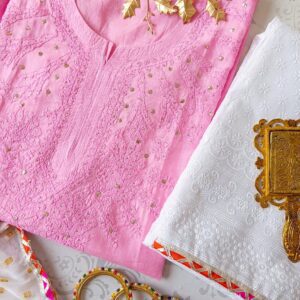 Aww Inspiring Baby Pink Chanderi Chikankari Outfit