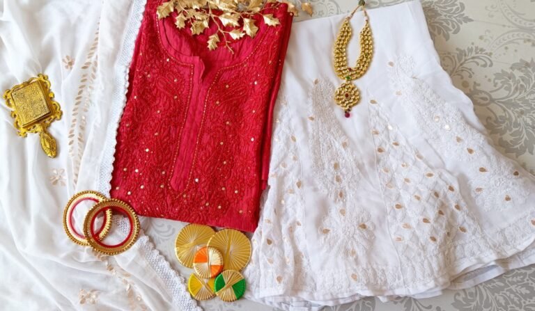 Breathtaking Cherry Red Chanderi Chikankari Outfit