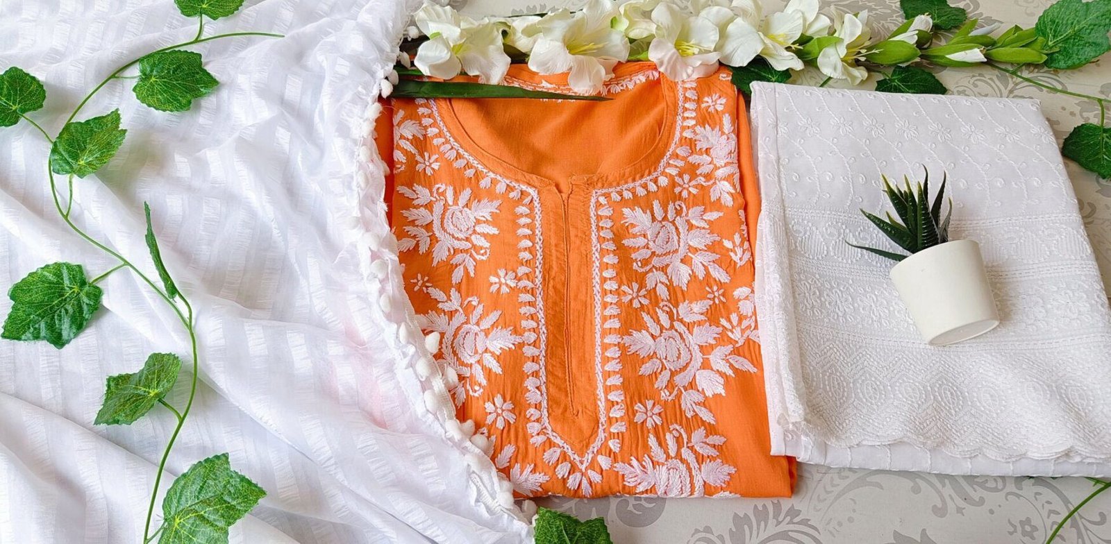 Dreamy Tangerine Orange Modal Chikankari Outfit