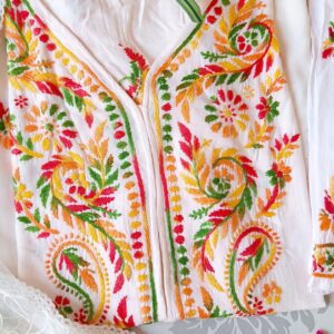 Dazzling White Multicolor Rayon Chikankari Outfit