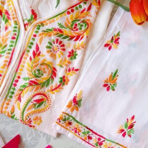 Dazzling White Multicolor Rayon Chikankari Outfit