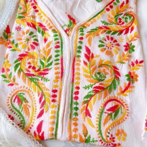 Dazzling White Multicolor Rayon Chikankari Outfit