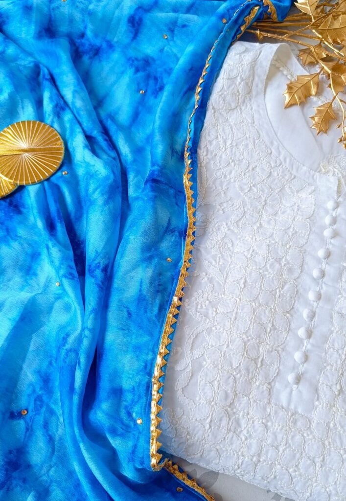Marvellous White Blue Leheria Chikankari Outfit