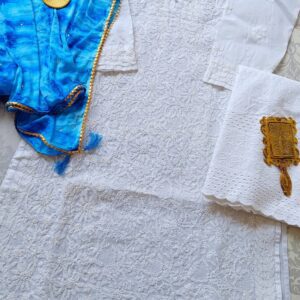 Marvellous White Blue Leheria Chikankari Outfit