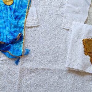 Marvellous White Blue Leheria Chikankari Outfit