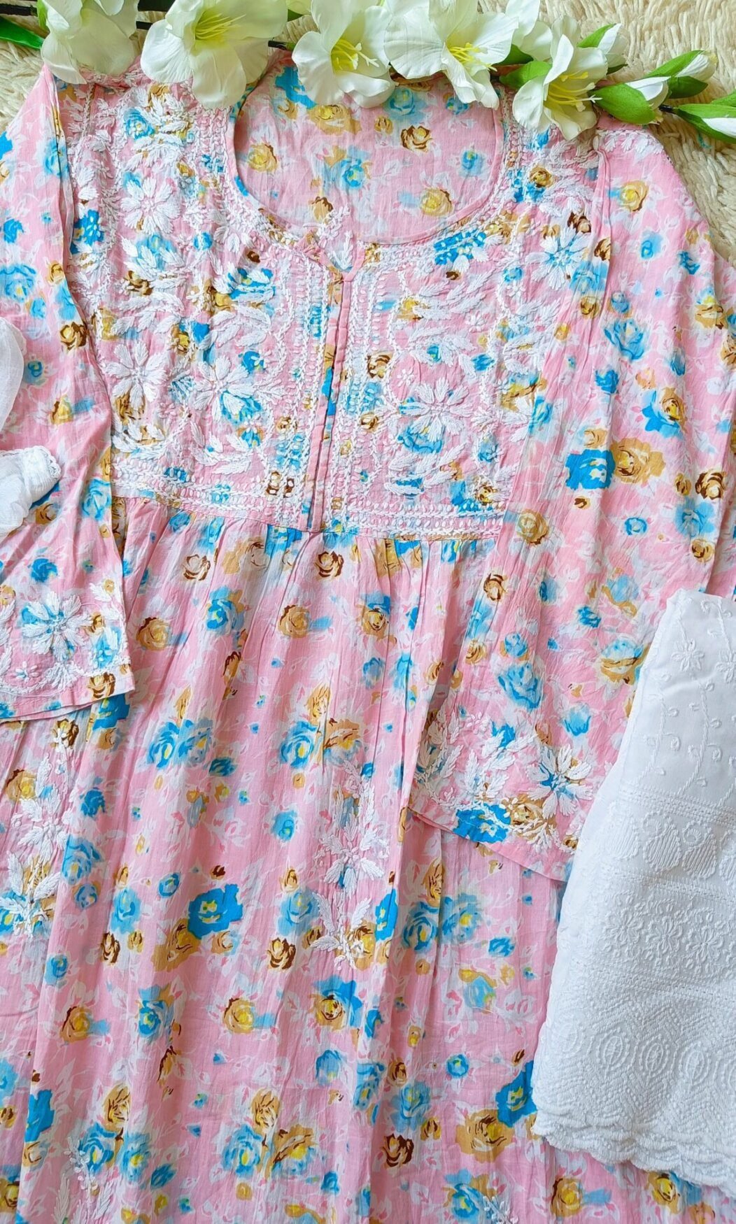 Soothing Pastel Pink Summer Floral Chikankari Anarkali Outfit