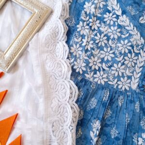 Glorious Block Print Powder Blue Chikankari Anarkali Outfit