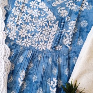 Glorious Block Print Powder Blue Chikankari Anarkali Outfit