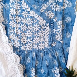 Glorious Block Print Powder Blue Chikankari Anarkali Outfit