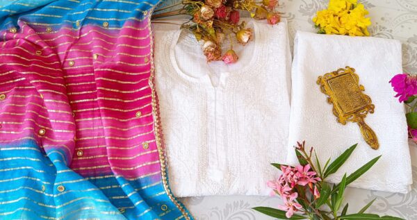 Gleaming White Kota Cotton Chikankari Outfit