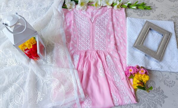 Captivating Baby Pink Modal Chikankari Anarkali Outfit