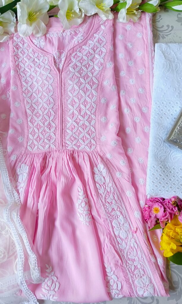 Captivating Baby Pink Modal Chikankari Anarkali Outfit