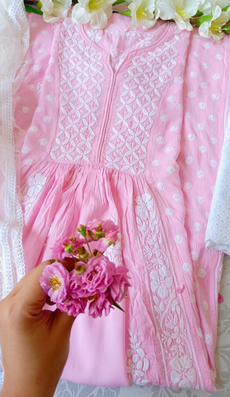 Captivating Baby Pink Modal Chikankari Anarkali Outfit