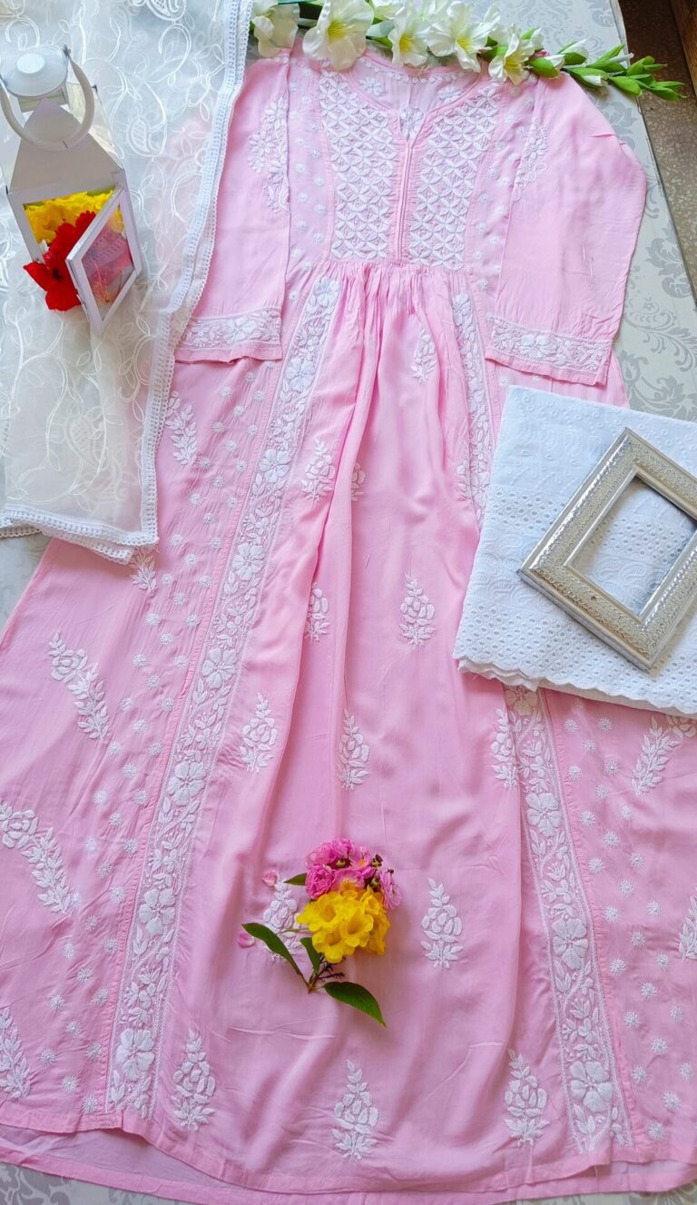 Captivating Baby Pink Modal Chikankari Anarkali Outfit