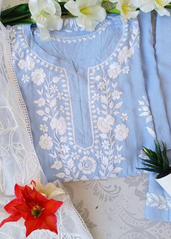 Comforting Powder Blue Modal Chikankari Outfit