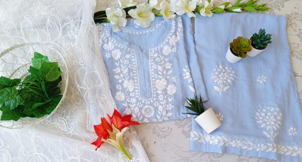 Comforting Powder Blue Modal Chikankari Outfit