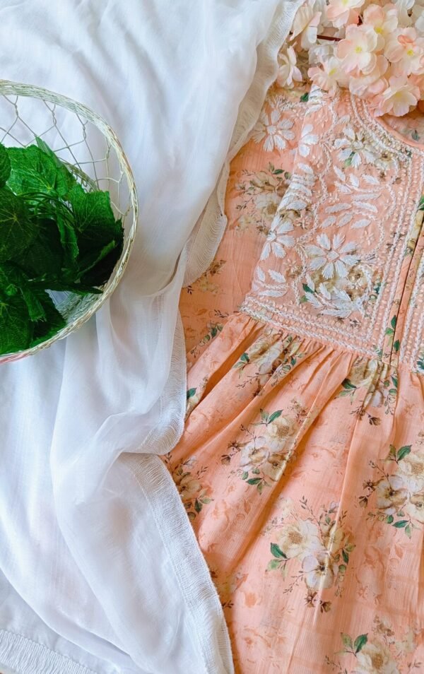 Calming Pastel Peach Summer Floral Chikankari Anarkali Outfit