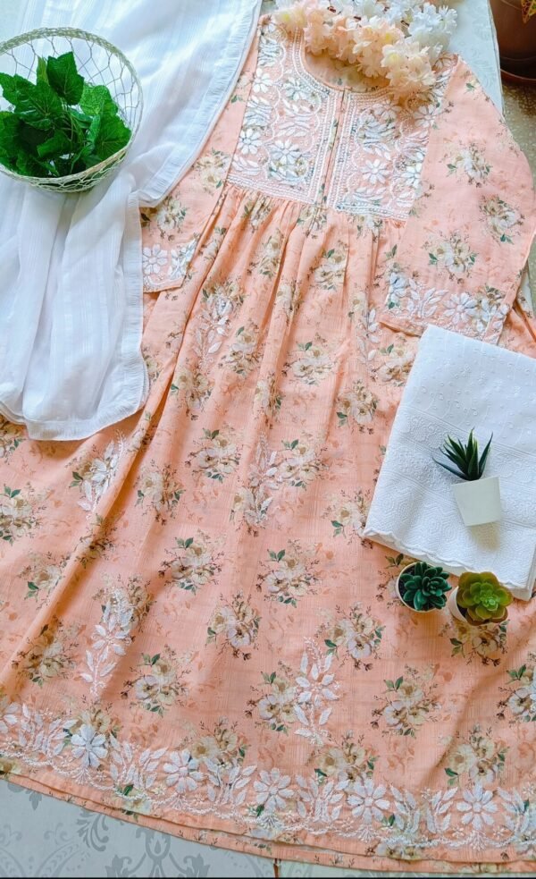 Calming Pastel Peach Summer Floral Chikankari Anarkali Outfit