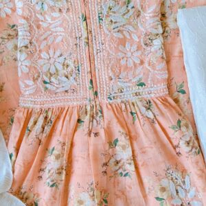 Calming Pastel Peach Summer Floral Chikankari Anarkali Outfit