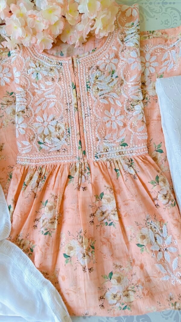 Calming Pastel Peach Summer Floral Chikankari Anarkali Outfit